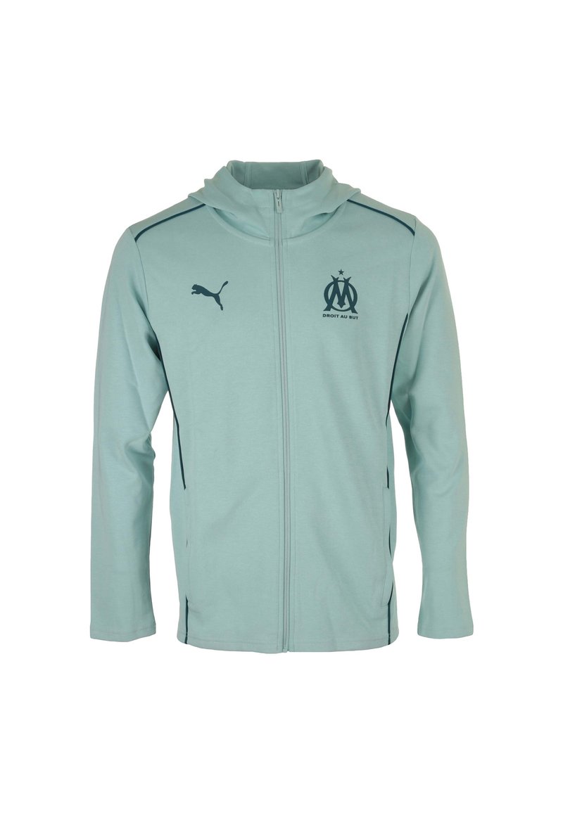 Giacca con zip di colore azzurro chiaro realizzata in materiale morbido, con cappuccio, logo Puma nero ed emblema del club di Marsiglia sul petto.