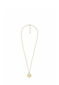 Collana d'oro con un design a catena e un pendente a forma di cuore con pattern a rilievo e un piccolo anello per appendere.