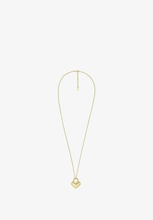 Gold necklace mit einem Kettenlink-Design und einem herzförmigen Anhänger, der geprägte Muster und eine kleine Schlaufe zum Aufhängen enthält.