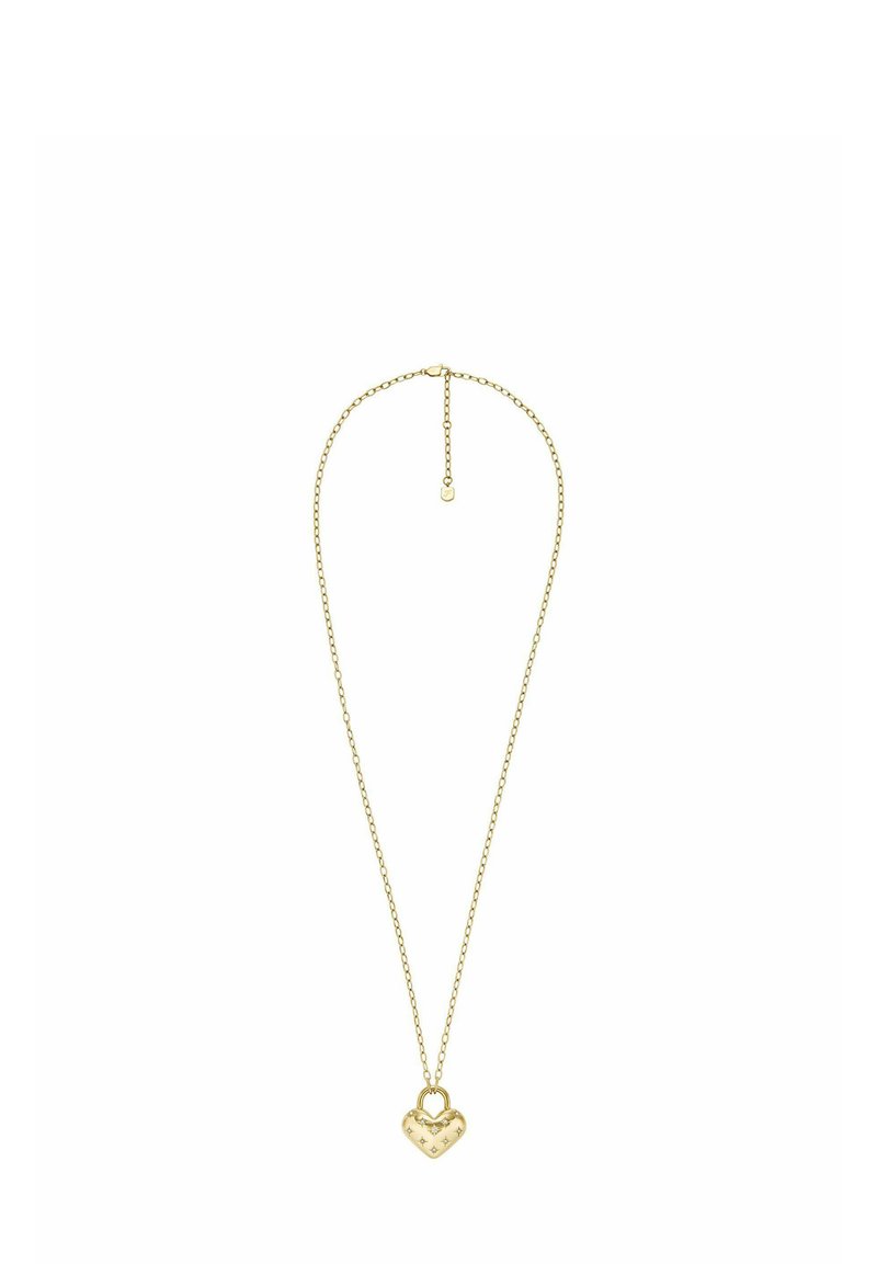 Collana d'oro con un design a catena e un pendente a forma di cuore con pattern a rilievo e un piccolo anello per appendere.