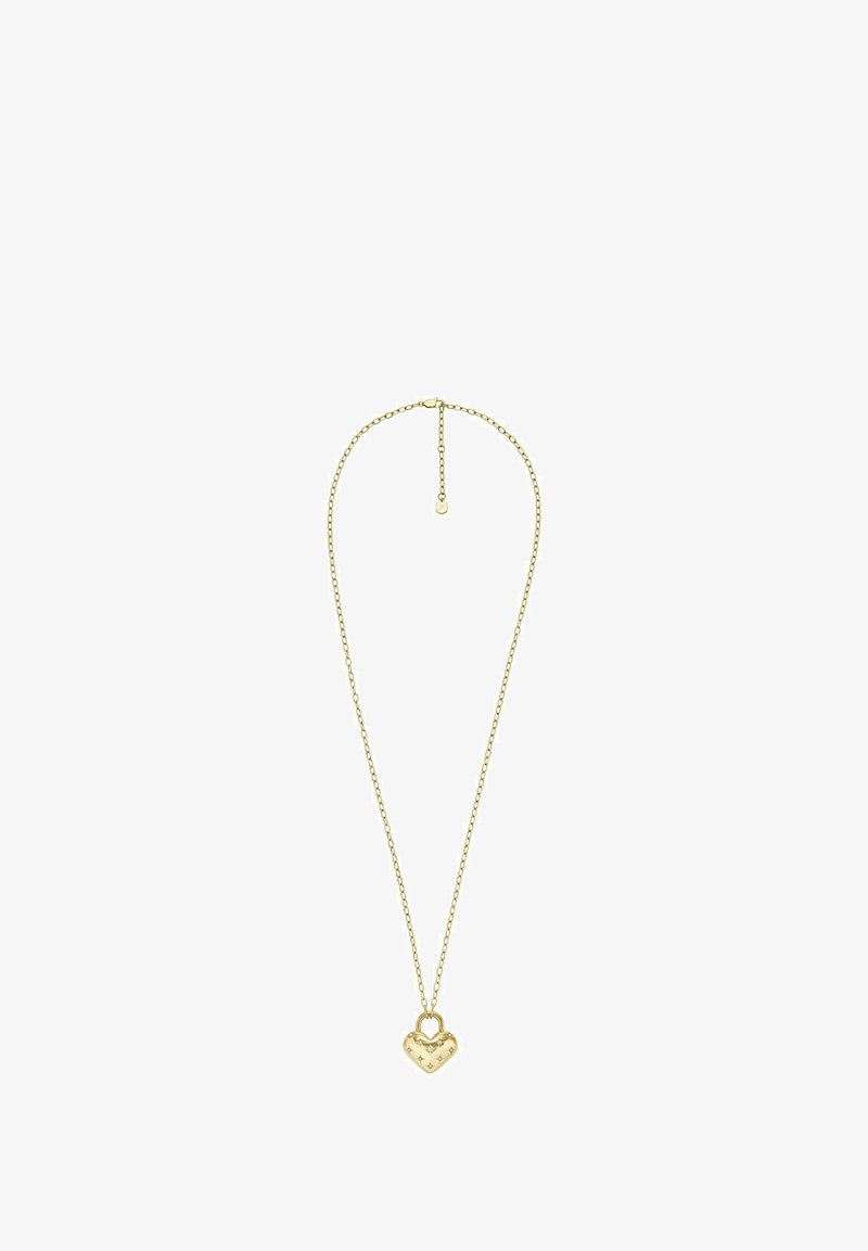 Gold necklace mit einem Kettenlink-Design und einem herzförmigen Anhänger, der geprägte Muster und eine kleine Schlaufe zum Aufhängen enthält.