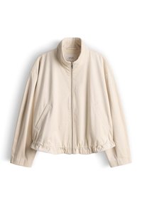 Veste beige clair à fermeture éclair, col montant, manches longues, ourlet élastique et deux poches avant inclinées suspendue sur fond blanc.