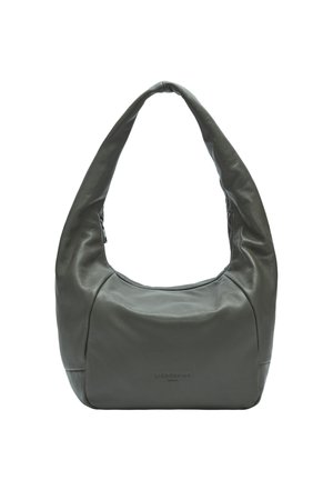 Borsa a spalla in pelle grigia con forma arrotondata, texture morbida e manico largo. Presenta un logo del marchio discreto sulla parte anteriore.