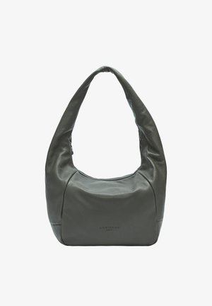 Szara skórzana torba na ramię o zaokrąglonym kształcie, miękkiej fakturze i szerokim uchwycie. Posiada subtelne logo marki z przodu.