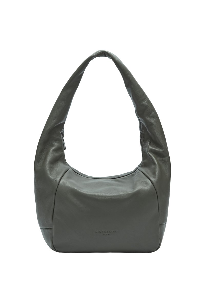 Szara skórzana torba na ramię o zaokrąglonym kształcie, miękkiej fakturze i szerokim uchwycie. Posiada subtelne logo marki z przodu.