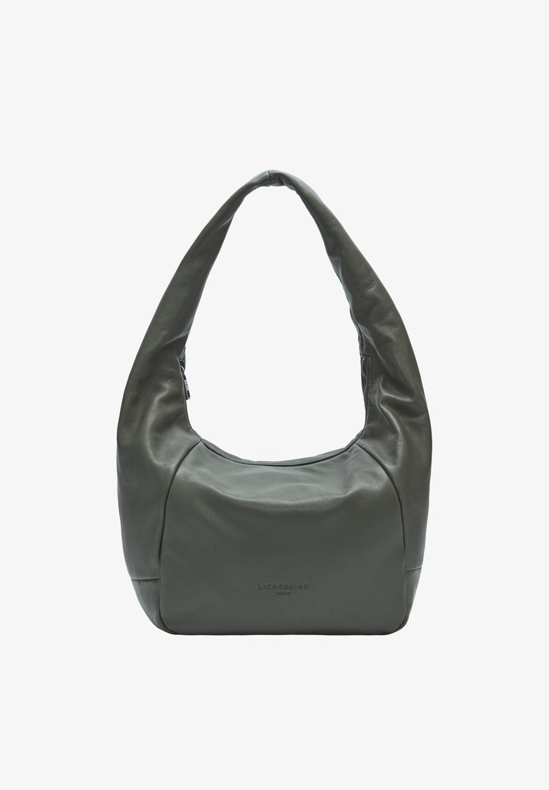Szara skórzana torba na ramię o zaokrąglonym kształcie, miękkiej fakturze i szerokim uchwycie. Posiada subtelne logo marki z przodu.