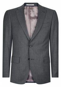 Blazer gris en tissu texturé, avec revers crantés, fermeture à deux boutons et intérieur en satin, présentant une poche poitrine unique.