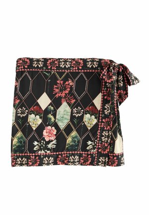 Gonna nera avvolgente con un motivo floreale geometrico, con accenti rosa e verdi, e un fiocco laterale. Realizzata in un tessuto morbido con una finitura lucida.