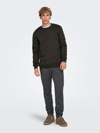 Mørkegrøn sweatshirt med rund halsudskæring, lange ærmer, kombineret med grå taperede bukser. Modellen står i afslappet fodtøj.