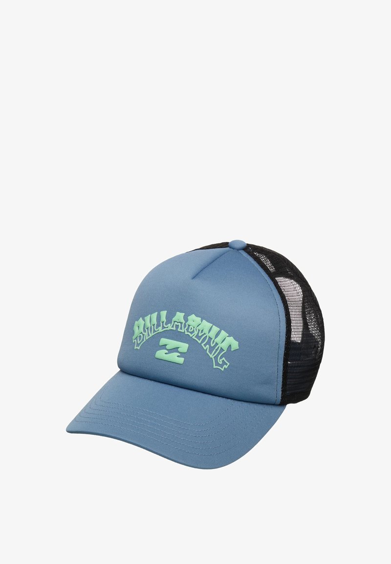 Niebiesko-czarna czapka trucker z zakrzywionym daszkiem i jasnobzielonym logo "Billabong" na przednim panelu.