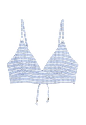 Ljusblå randig bralette med elastiskt material, triangulära kupor, justerbara band och knytning i botten.