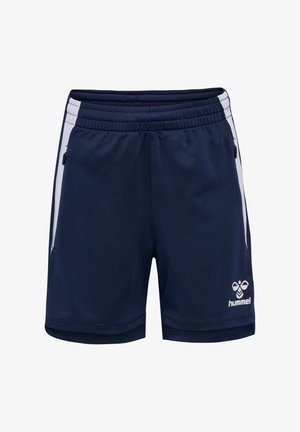 Marinefarbene Sportshorts mit weißen Seitenakzenten, elastischem Bund, atmungsaktivem Material und kleinem Logo unten rechts.