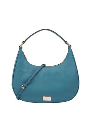 Sac à épaule en cuir teal avec une forme arrondie, une bandoulière détachable et des finitions en métal doré. Texture lisse avec une légère brillance.