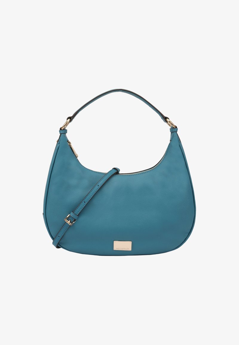 Teal leren schoudertas met een gebogen vorm, een afneembare schouderband en gouden hardware. Gladde textuur met een subtiele glans.