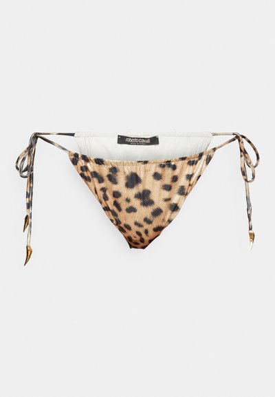 Leopardimustriga bikiinipõhi, millel on külgedel sidumised, sujuva tekstuuriga ja kuldse tooni detailidega. Etiketil on kiri "Roberto Cavalli."