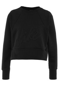 Černá zkrácená mikina vyrobená z měkké tkaniny, s texturovaným logem Nike na přední straně a žebrovanými manžetami a lemem.