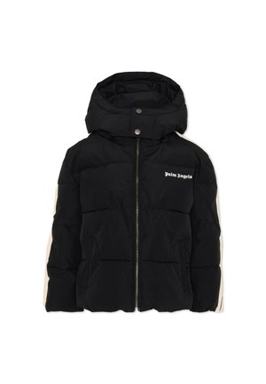 Casaco acolchoado preto com capuz, fecho de correr frontal, botões de pressão e logótipo branco "Palm Angels" no peito esquerdo.