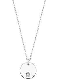 Silversmycke med en cirkulär hängande pendel med en slät yta och en stjärndetalj prydd med små stenar. Kedjelänkdesign med en enkel låsning.