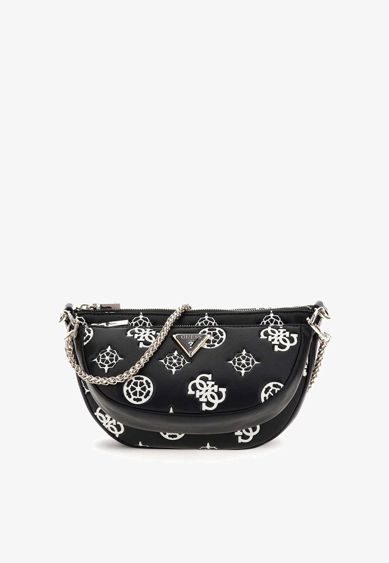 Musta käsilaukku, joka on valmistettu synteettisestä materiaalista. Laukussa on valkoinen logo ja kukkakuviot, hopeinen ketjuolkahihna sekä vetoketjullinen sulku.