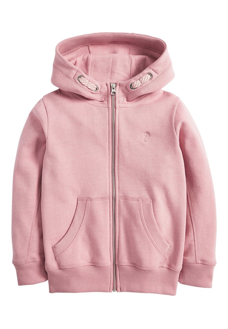 Sweat à capuche zippé rose clair avec poches avant, poignets et taille côtelés, et cordons réglables à la capuche.