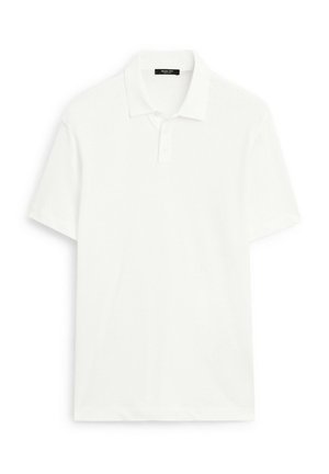 Hvid polo t-shirt lavet af glat bomuld med korte ærmer, en tre-knaps knappestolpe og en klassisk krave. Ingen synlige mønstre eller accenter.