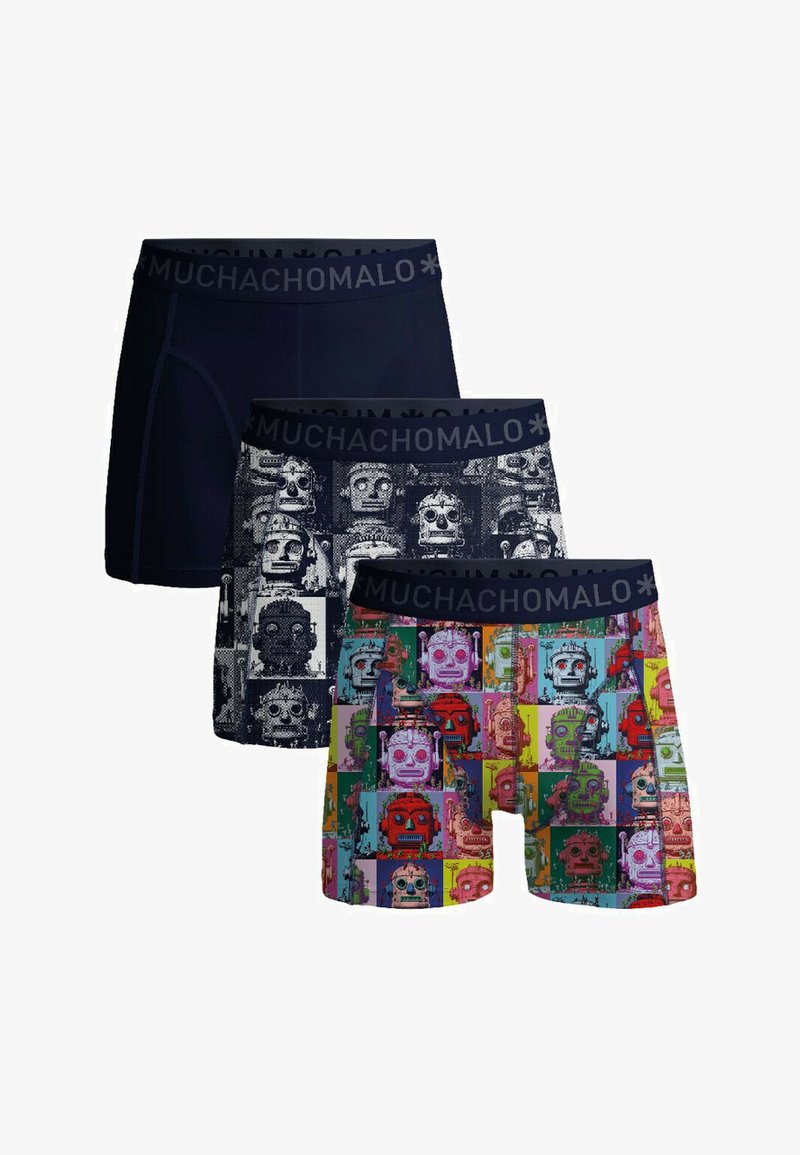 Three pairs of men's boxer shorts: one solid navy, one patterned with robot faces in grayscale, and one multicolored grid of robot designs.