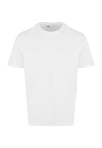 T-shirt blanc uni à manches courtes et col rond, présenté sur un fond neutre, taille moyenne visible sur l'étiquette intérieure.