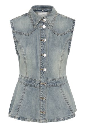 Veste en denim bleu clair sans manches avec fermeture à boutons sur le devant, col pointu, taille cintrée et bas volanté évasé.