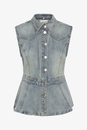 Bezrekawnik z jasnoniebieskiego dżinsu z zapięciem na guziki z przodu, spiczastym kołnierzem, dopasowaną talią i rozszerzanym dołem peplum.