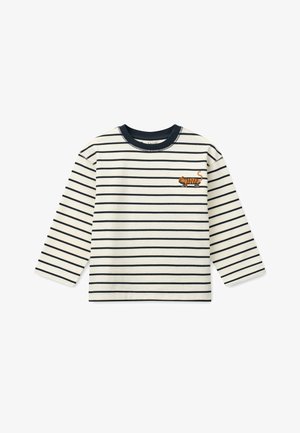 Balti ilgomis rankovėmis marškinėliai su jūrinėmis horizontaliomis juostelėmis ir oranžinės spalvos tigrų grafika ant riedlentės. Minkštos medvilnės medžiaga su apvalia iškirpte.