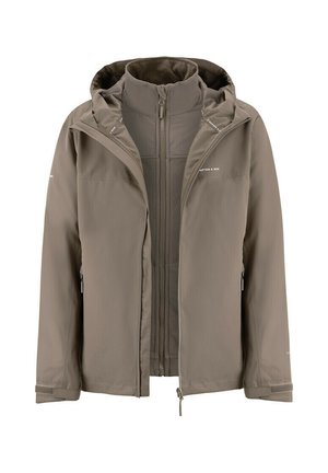 Herren-Doppeljacke in Taupe mit äußerer wasserabweisender Schale, innerem Fleecefutter mit Reißverschluss sowie verstellbarer Kapuze und Bündchen.
