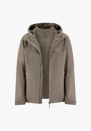 Herren-Doppeljacke in Taupe mit äußerer wasserabweisender Schale, innerem Fleecefutter mit Reißverschluss sowie verstellbarer Kapuze und Bündchen.