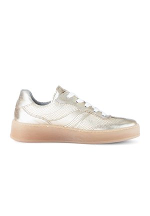 Low-top sneaker with metallic gold finish, white laces, textured side panels, and thick beige rubber sole, shown in profile on white background.