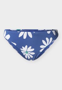 Bas de bikini bleu avec imprimé de marguerites blanches aux centres verts, présenté à plat sur un fond blanc.