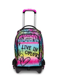 Zaino da viaggio con design multicolore vivace, dotato di una tasca frontale con il testo "VIVI A COLORI" e dettagli neri. Ruote lisce e maniglia.