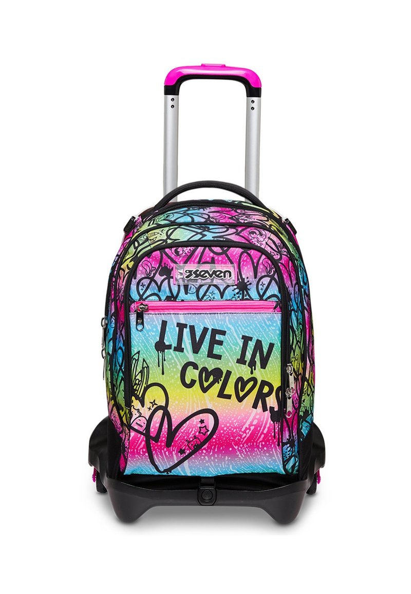 Zaino da viaggio con design multicolore vivace, dotato di una tasca frontale con il testo "VIVI A COLORI" e dettagli neri. Ruote lisce e maniglia.