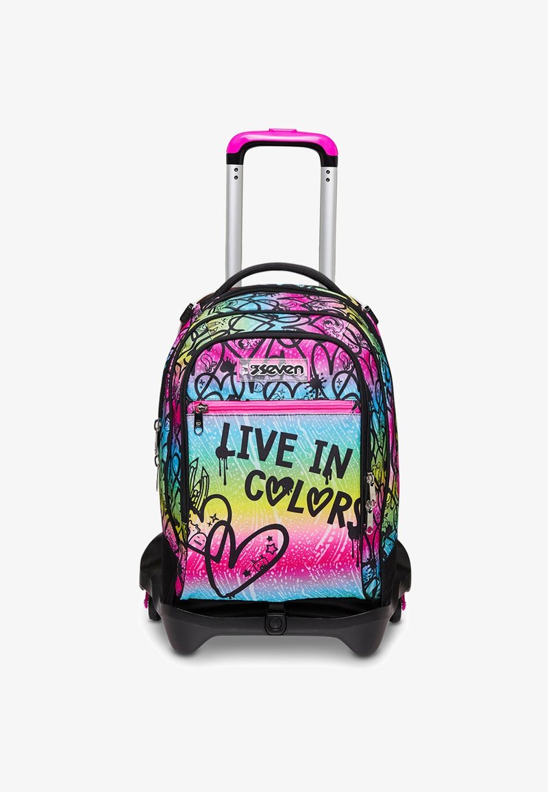 Zaino da viaggio con design multicolore vivace, dotato di una tasca frontale con il testo "VIVI A COLORI" e dettagli neri. Ruote lisce e maniglia.