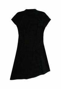Czarna sukienka z krótkimi rękawami typu cap, dopasowaną górą i asymetrycznym dołem. Wykonana z gładkiego materiału, charakteryzuje się zorganizowaną formą.
