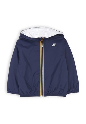 Giacca leggera blu navy con rivestimento bianco nel cappuccio, zip frontale e dettagli della zip multicolori. Presenta un logo ricamato sul petto.
