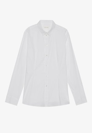 Long-sleeve white button-up shirt with collar, tailored fit, and seven visible pearl-like buttons down the front.