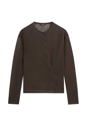 Donkerbruine gebreide cardigan met ronde hals en asymmetrische knoopsluiting aan de voorkant, lange mouwen en geribde boorden.