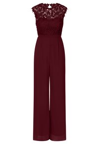 Burgunderfarbener Jumpsuit mit einem Spitzen-Bodice und kurzen Ärmeln, ausgestattet mit einem weit geschnittenen Bein und Falten auf der Vorderseite für einen maßgeschneiderten Look.