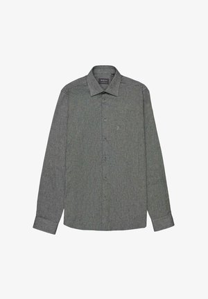 Szara koszula z długim rękawem zapinana na guziki, z kołnierzykiem, charakteryzująca się subtelnym, teksturowanym wzorem oraz logo na klatce piersiowej.