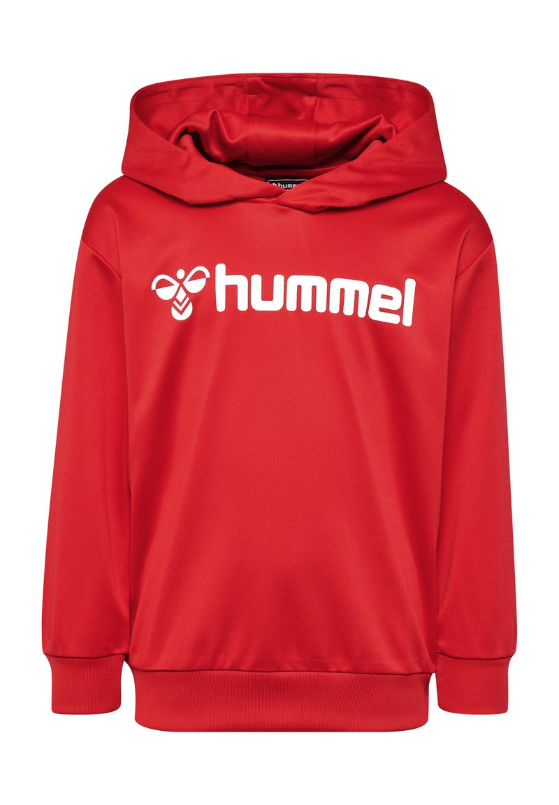 Czerwony sweatshirt z kapturem wykonany z gładkiego, lekkiego materiału, z białym logo "hummel" z przodu oraz prążkowanymi mankietami i dołem.