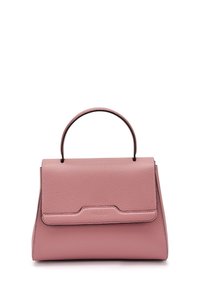Borsa in pelle di un rosa soffice, caratterizzata da un design strutturato, manico superiore e una chiusura a pattina con un logo inciso discreto.