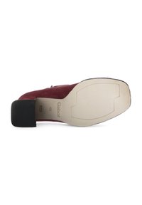 Burgundy suede shoe with a rectangular black heel, textured rubber outsole, and a zip closure. Gabor brand logo on the inner sole.