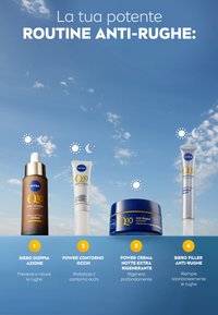 Quattro prodotti per la cura della pelle esposti: una bottiglia di siero marrone, un tubetto bianco, un barattolo blu e un tubetto bianco con accenti blu, etichettato per l'uso anti-rughe.