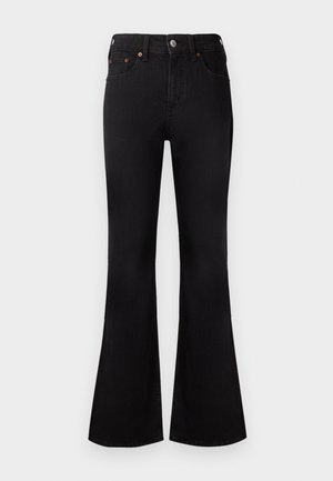 Black high-waisted flared jeans with front button and zipper, five-pocket design, and copper rivet details on a white background.