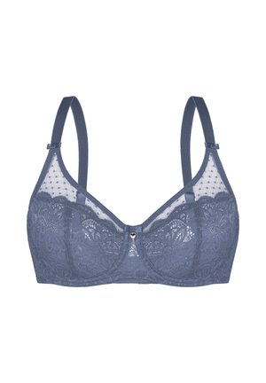Spitzen-Balconette-BH in Dunkelblau mit floralen Mustern, verstellbaren Schulterriemen, durchscheinenden Mesh-Obercups und einem kleinen herzförmigen Anhänger in der Mitte.