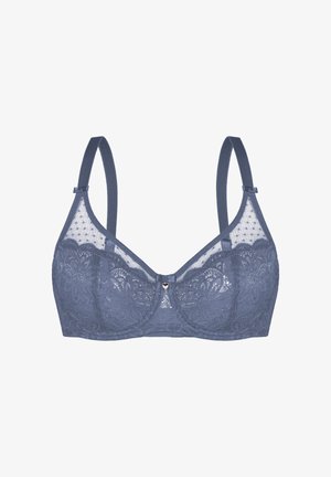 Spitzen-Balconette-BH in Dunkelblau mit floralen Mustern, verstellbaren Schulterriemen, durchscheinenden Mesh-Obercups und einem kleinen herzförmigen Anhänger in der Mitte.